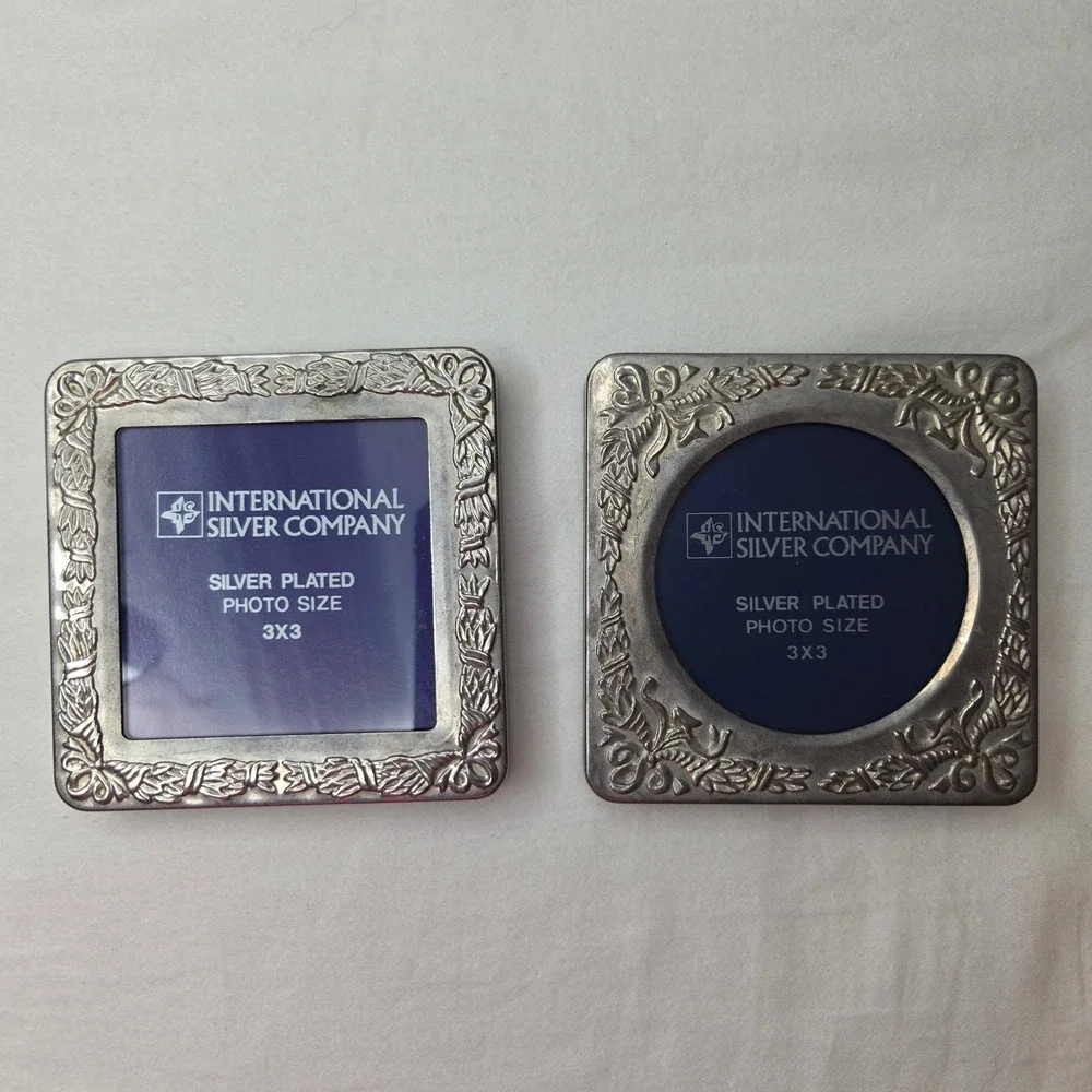 International Silver Company Silver Plated 3x3 Picture Frames Bows Set of 2